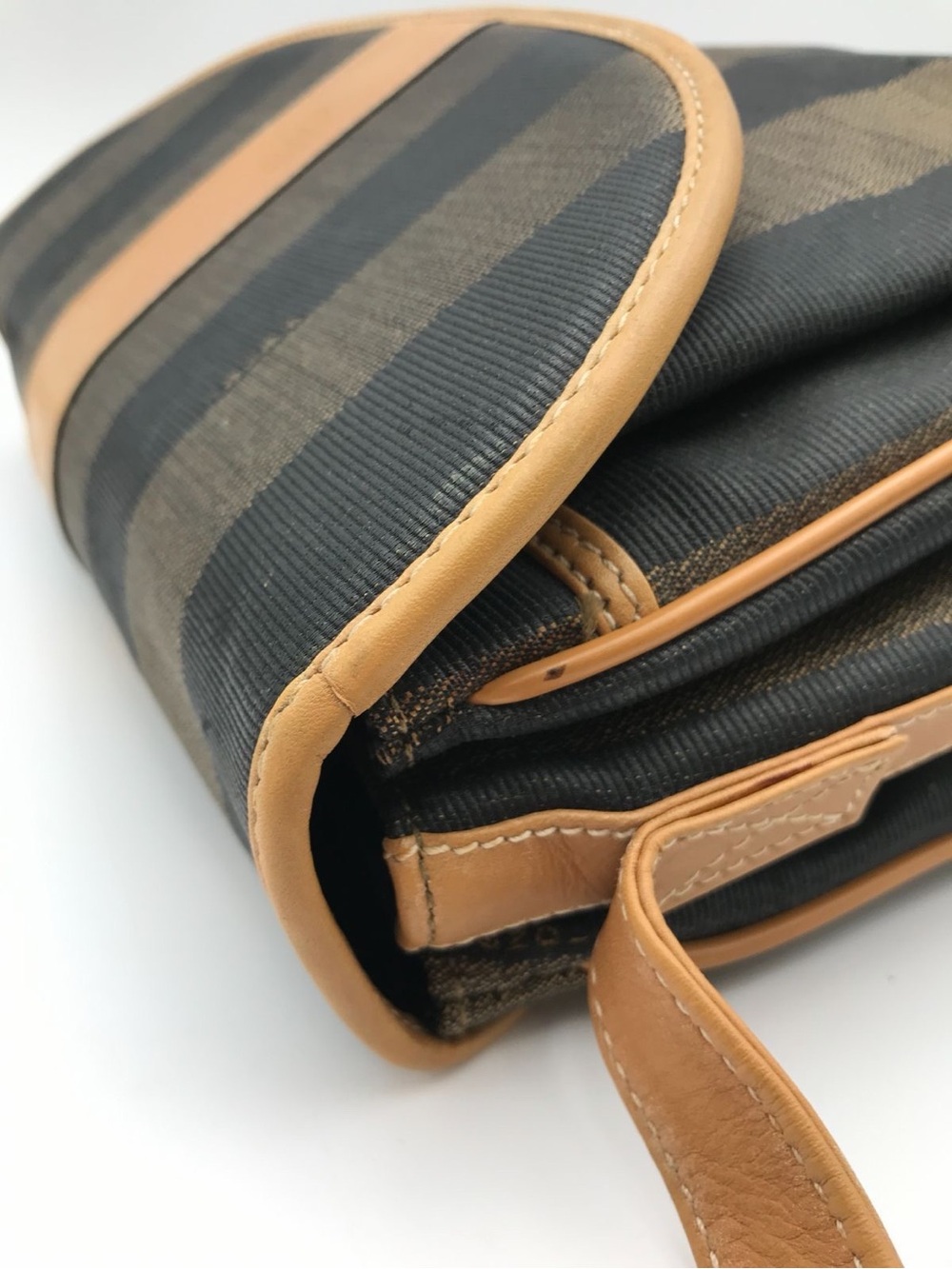 Fendi Pequin Stripe Crossbody Bag Vintage Brown Black Canvas Leather Flap Purse - Picture 9 of 14